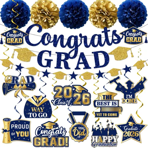 Miniatura 12 de Decoraciones de graduación 2026, pancarta de felicitaciones con purpurina, espirales colgantes y pompones de tela, decoraciones de graduación negras