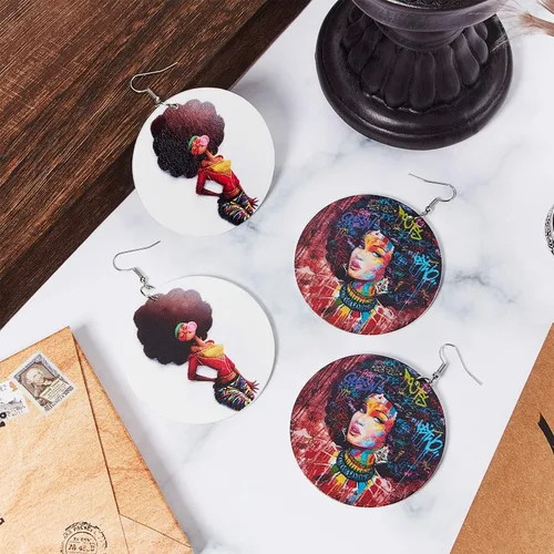 Miniatura 4 de 10 pares de aretes redondos africanos para mujer, de madera pintada, aretes de estilo étnico