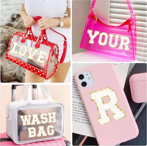 Miniatura 5 de Parches de letras de chenilla autoadhesivas: NICEVINYL 104 piezas de parches de letras preppy blancas para ropa y mochilas - Parche de inicial