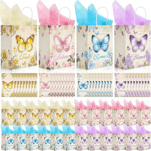 Qeeenar 36 juegos de bolsas de regalo cristianas para iglesia, mariposa, bolsas de regalo religiosas de la Biblia con tarjetas de bendición, papel