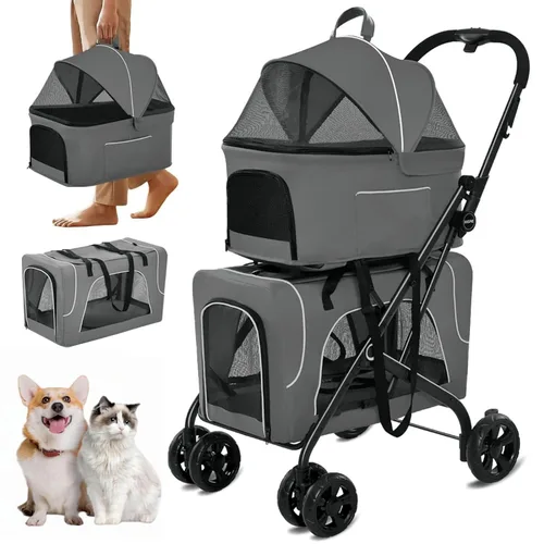Miniatura 9 de Cochecito doble para perros con portavasos, cochecitos plegables 3 en 1 para gatos con 2 transportadores desmontables, cinturón de seguridad, funda