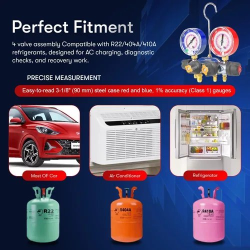 Miniatura 3 de Sunluway 49968 Colector de carga de prueba de 4 válvulas, juego de herramientas de manómetro de colector de A/C con mangueras de válvula de bola