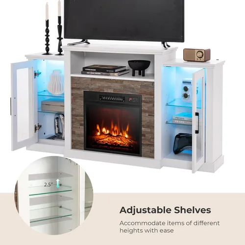 Miniatura 6 de Tangkula - Soporte de TV para chimenea eléctrica, chimenea eléctrica con repisa con luces LED de 16 colores, estantes de vidrio ajustables, control