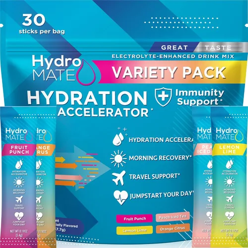 HydroMATE - Paquete variado de electrolitos en polvo, paquetes de hidratación bajos en azúcar, 30 unidades