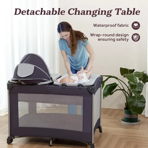 Miniatura 5 de Corral portátil para bebé 4 en 1, corralito plegable para bebé con moisés extraíble, toldo y cambiador, Playrad infantil, cuna de viaje
