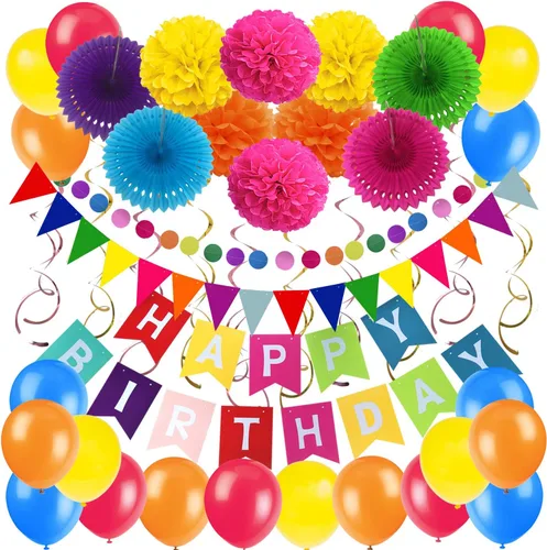 Miniatura 12 de ZERODECO Decoraciones de cumpleaños, decoraciones de fiesta azul marino y dorado con pancarta, pompones, globos para niños, niñas, hombres y mujeres