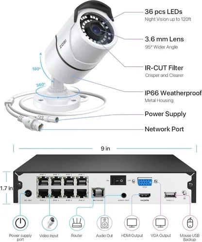Miniatura 8 de ZOSI Sistema de cámara de seguridad PoE de 8 canales de 5 MP, NVR H.265+ de 8 canales de 5 MP con disco duro de 1 TB, 4 cámaras IP PoE