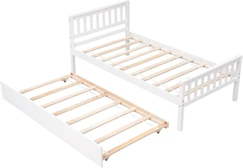 Miniatura 7 de Base de cama individual con nido, cama de plataforma individual con nido extraíble, marco de cama de plataforma doble de madera con cabecera y Blanco