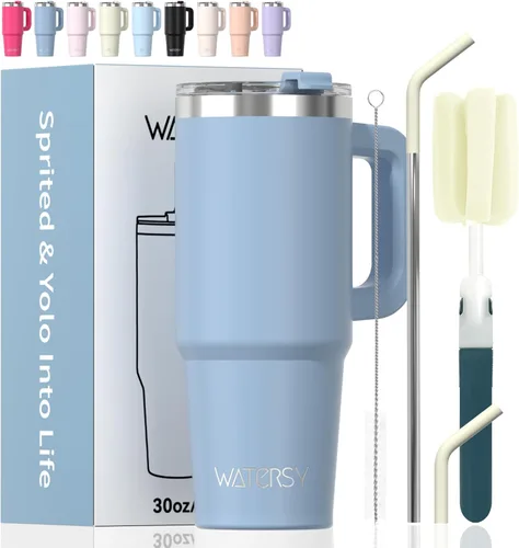 Miniatura 25 de Vaso de 20 oz con asa, vaso con tapa y pajita, vaso de doble pared con aislamiento de acero inoxidable para viajes (frío durante 34 horas), botella