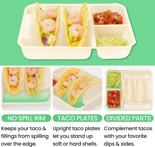 Miniatura 5 de Soportes desechables para tacos de 2 compartimentos para 2 tacos y 2 lados, borde elevado extra profundo, almidón de maíz biodegradable, apto