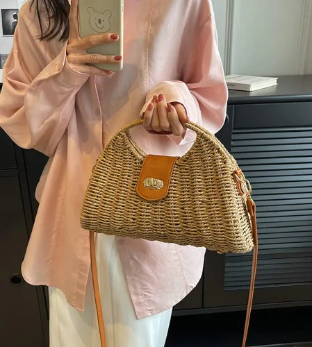 Miniatura 7 de Bolso cruzado de paja para mujer, tejido a mano, bolso de mano de ratán con asa superior de paja, bolso de hombro para playa de verano, bolso