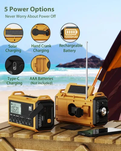Miniatura 5 de Radio de emergencia, radio meteorológica NOAA con batería recargable de 12000 mAh, pantalla LCD, alerta automática, AM/FM/onda corta, SOS, puerto
