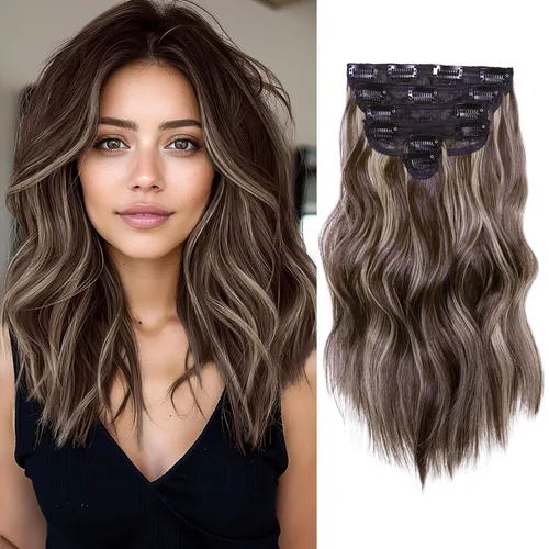 Miniatura 32 de NAYOO Extensiones de cabello con clip, de 20 pulgadas, largo, ondulado, rizado, rubio ceniza, extensiones de cabello sintético de cabeza completa
