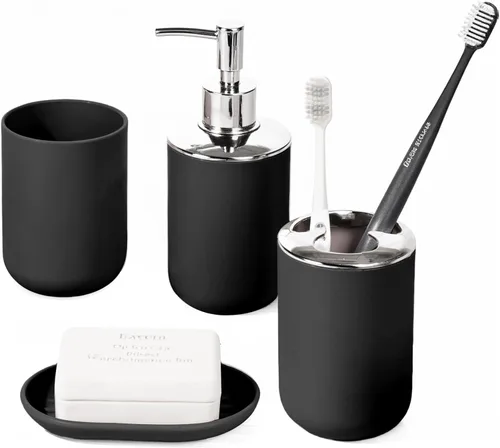 Juego de accesorios de baño, 4 piezas de plástico incluyen dispensador de jabón, jabonera, soporte para cepillo de dientes, taza para enjuague