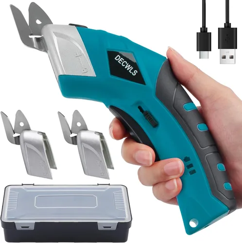 Tijeras eléctricas inalámbricas para tela con 3 cuchillas, tijeras potentes recargables de 4 V con bloqueo de seguridad adecuadas, herramienta de