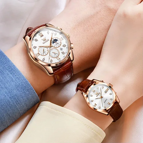 Miniatura 29 de OLEVS Juego de 2 relojes de cuarzo para parejas de San Valentín, para él y ella, cronógrafo de cuero, con diamantes para hombres, mujeres, amantes