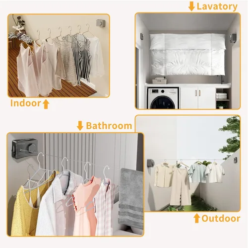 Miniatura 7 de Tendedero retráctil para interiores y exteriores, estante de secado de ropa montado en la pared sin descolgamiento, 5.1 m de alambre de acero
