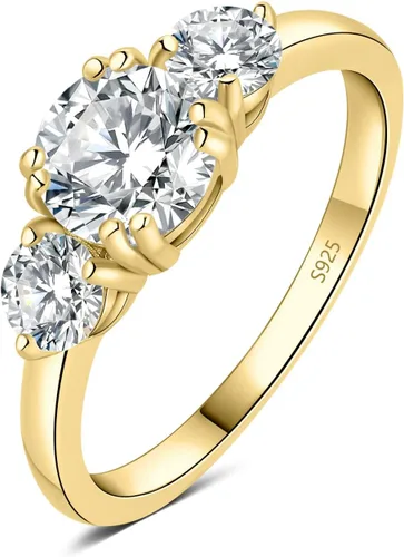 JewelryPalace Classic 3 Stones Cubic Zirconia Engagement Rings for Women, 925 Sterling Silver 14K Gold Plated Promise Ring for Her, Round Cut
