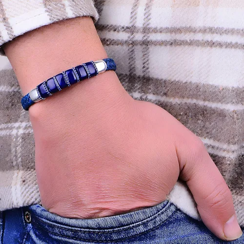 Miniatura 3 de Pulsera de cuero azul plateado para hombre, pulsera de piedra de zafiro natural pulsera de cuero genuino, pulsera de piedra de zafiro azul, plata