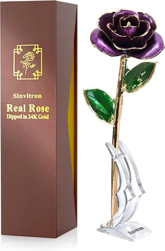 Miniatura 14 de Sinvitron Rosa Infinita Bañada en Oro - Rosa Eternamente Preservada en Resina Flor Eterna para Decoración de Cumpleaños, Día de la Madre, Rojo
