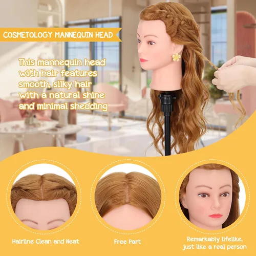 Miniatura 5 de Cabeza de maniquí con 80% de cabello humano de 26-28 pulgadas, cabeza de práctica de maniquí de cosmetología con cabello humano, cabeza de muñeca