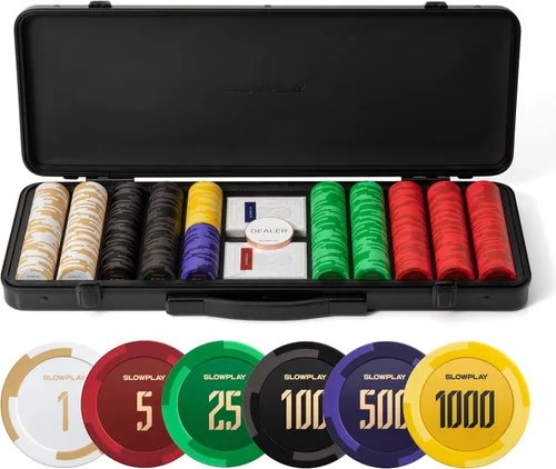SLOWPLAY Godel - Juego de fichas de póquer de arcilla de 0.49 oz para Texas Hold'em, 500 piezas [con valores numerados] cuenta con una caja de chips