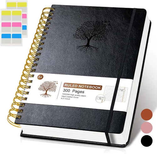 Cuaderno de espiral rayado de 8.5"×11", 300 páginas con tapa dura de cuero, diarios para mujeres y hombres, cuadernos universitarios rayados A4