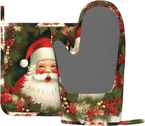 Miniatura 2 de Juego de manoplas de horno y soportes para ollas de Navidad con corona de Papá Noel, resistentes al calor, de silicona, para cocinar, guantes
