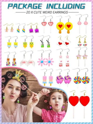 Miniatura 6 de 20 pares de aretes divertidos, adorables y raros para mujeres y niñas, con inclusión de osito de goma, té con leche, pez dorado, caricatura pintada