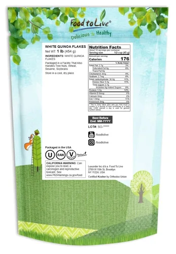 Miniatura 2 de Food to Live Copos de quinua blanca, 1 libra, semillas de quinua prensadas, grano entero, crudo, kosher, a granel. Gran sustituto de avena