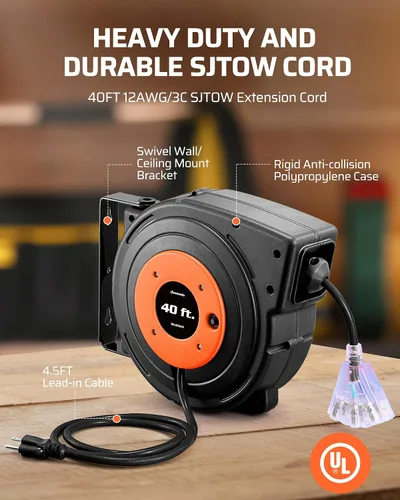 Miniatura 6 de DEWENWILS Carrete de cable de extensión retráctil, cable de alimentación resistente de 40 pies, 12 AWG/3 C SJTOW, 3 tomas de tierra iluminadas