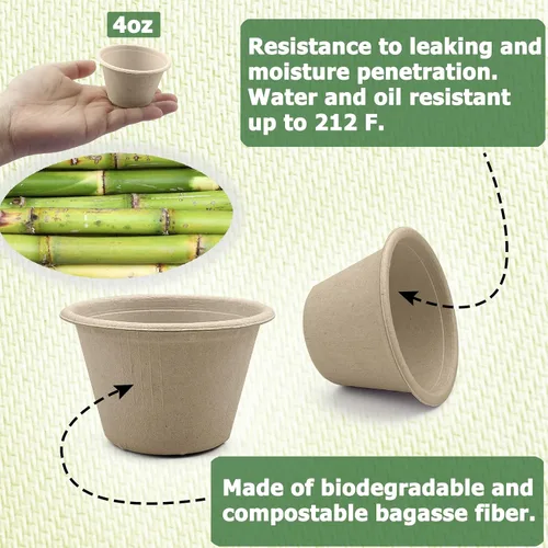 Miniatura 4 de CAMKYDE Vasos de Soufflé Desechables de Fibra de Bagazo de 2 oz, Paquete de 100, Vasos para Condimentos 100% Naturales Biodegradables Compostables