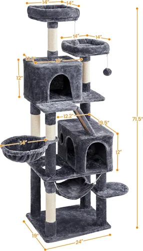 Miniatura 6 de Yaheetech Árbol para gatos de varios niveles, torre para gatos de 71.5 pulgadas de alto con 2 condominios de felpa, 2 perchas acolchadas, hamaca