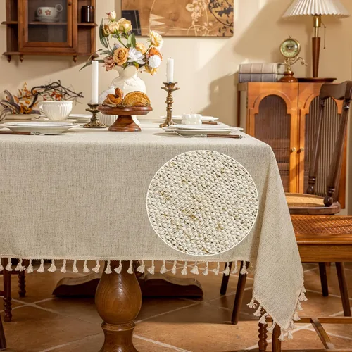 Miniatura 11 de AmHoo Mantel de mezcla de lino, mantel rectangular de 7.12 oz/m² con costuras y borlas para cocina, comedor, boda, bufé, 55 x 55 pulgadas