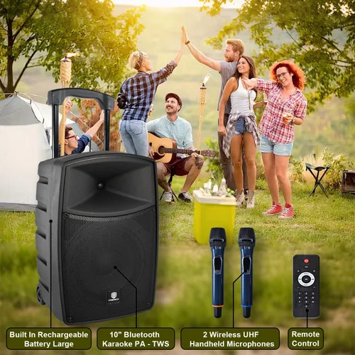 Miniatura 7 de Proreck Freedom 10 - Altavoz inalámbrico recargable de 500 W y 10 pulgadas con 2 micrófonos inalámbricos, sistema PA portátil con Bluetooth/unidad