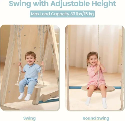 Miniatura 4 de OLAKIDS Gimnasio de la selva para interiores, juguetes Montessori de madera para escalada para bebés 9 en 1 con rampa ajustable de 2 columpios, red