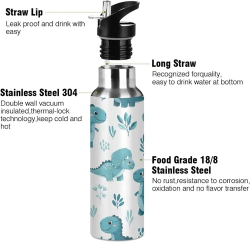 Miniatura 3 de Cute Dinosaur Blue Insulated Stainless Steel Water Bottle with Straw 20 Oz Leakproof Water Bottles, BPA-Free Sports Water Bottle with Straw