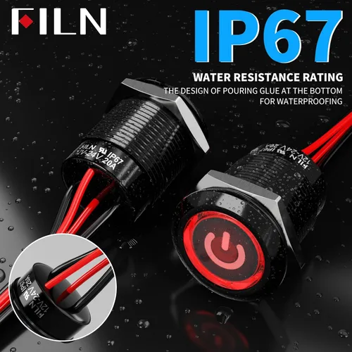 Miniatura 7 de 2-Pack 19mm Botón de presión de cierre LED azul, interruptor de botón marino a prueba de agua IP67 de 12V-24V y voltaje amplio de 20A con 180