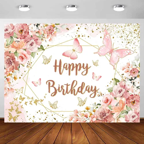 Sensfun Telón de fondo floral de feliz cumpleaños para mujeres y niñas, mariposa rosa, fiesta de cumpleaños, fondo de fotografía, flores en