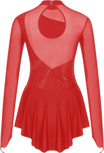 Miniatura 4 de Vestido de patinaje sobre hielo artístico para mujer, manga larga, diamantes de imitación brillantes, patinaje sobre ruedas, disfraz de danza lírica