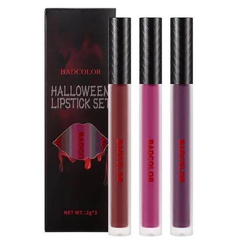 Miniatura 8 de Juego de lápiz labial líquido mate BADCOLOR de 3 colores, maquillaje de Halloween en púrpura, burdeos y rosa roja, juego de brillo labial de alta