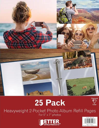 Miniatura 7 de Better Office Products Hojas de repuesto para álbumes, 5 x 7 pulgadas, pesadas, de 3 anillos transparentes con 3 anillas, 100 fotos en total, cada