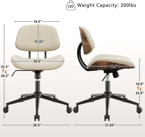 Miniatura 2 de Silla de Oficina sin Brazos con Ruedas, Silla de Escritorio de Cuero PU de Altura Ajustable - Silla de Computadora Ergonómica Giratoria de 360°