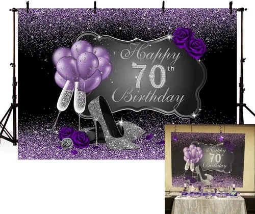 Fondo fotográfico negro y morado con tacones altos plateados, globos de rosa morada para fiesta de cumpleaños número 70, telón de fondo para