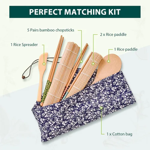 Miniatura 5 de Kit de fabricación de sushi Soeos, kit de fabricación de sushi para principiantes con 2 alfombrillas enrollables, 5 pares de palillos, 1 paleta, 1
