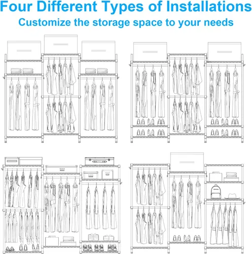 Miniatura 7 de Ulif E13 Perchero de Ropa de Servicio Pesado (Con 4 Barras Colgadoras y 8 Estantes) Percheros Independientes para Colgar Ropa, Organizador de Closet