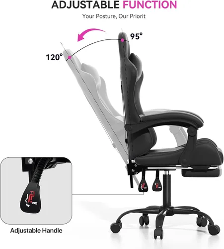 Miniatura 4 de Silla para videojuegos, sillas ergonómicas de computadora con brazos, soporte lumbar, reposapiés, reposacabezas giratoria de 360°, respaldo y altura