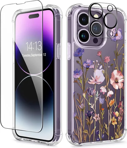 Miniatura 47 de GVIEWIN - Funda floral para iPhone 14 de 6.1 pulgadas, protector de pantalla + protector de lente de cámara, no se amarillenta, a prueba de golpes