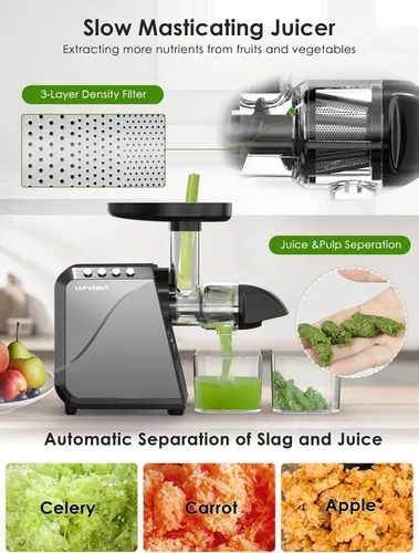 Miniatura 3 de Exprimidor de prensa en frío para naranja de apio, zanahoria, frutas y verduras, 250 W, máquina exprimidora lenta sin BPA, función inversa, fácil