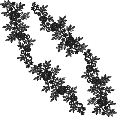 Miniatura 10 de GORGECRAFT 2 pares de parches de flores negras para ropa, apliques bordados, ramo de rosas bohemias, parches para coser, vestidos de novia, cuello